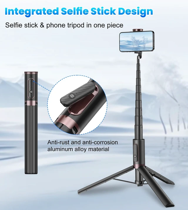 Alt view image 2 of 7 - 67" Cell Phone Selfie Stick Tripod,Smartphone Stand All-in-1 with Integrated Wireless Remote,Portable,Lightweight,Extendable for iPhone/Android(Black)