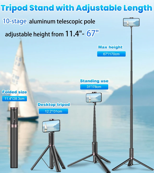 Alt view image 3 of 7 - 67" Cell Phone Selfie Stick Tripod,Smartphone Stand All-in-1 with Integrated Wireless Remote,Portable,Lightweight,Extendable for iPhone/Android(Black)