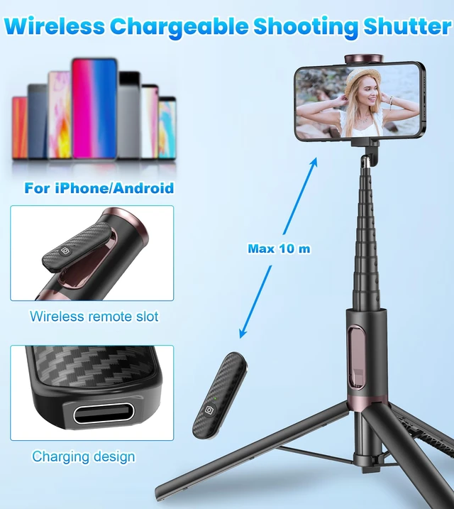 Alt view image 5 of 7 - 67" Cell Phone Selfie Stick Tripod,Smartphone Stand All-in-1 with Integrated Wireless Remote,Portable,Lightweight,Extendable for iPhone/Android(Black)