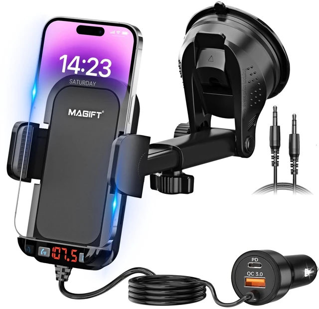 Main image of Bluetooth Car Adapter 3 in 1 FM Transmitter Car Radio Bluetooth Transmitter with Phone Holder, PD 54W Fast Charging, Strong Microphone, HiFi Bass Sound, Hands-Free Call, Support USB/TF Drive