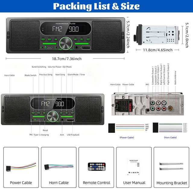 Alt view image 7 of 7 - Single Din Car Stereo Radio Bluetooth Multimedia Car Audio Receivers with Digital LCD Display AM/FM Car Radio Dual USB/Type-C/AUX-in MP3 Player Lossless Sound Quality Quick Charge+ Remote