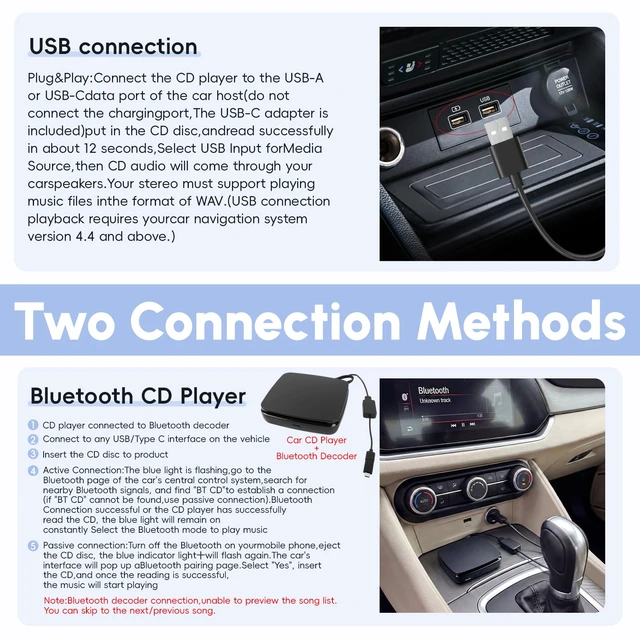 Alt view image 3 of 7 - Portable External CD Player for Car with Bluetooth and USB/Type-C Connection, CD Player for Car Audio Systems/TV/MacBook pro/Laptops Desktops/Bluetooth Speaker with Plug and Play