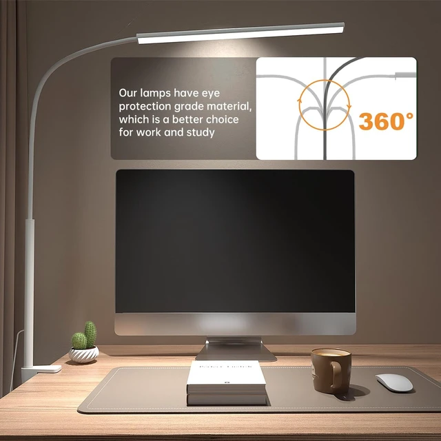 Alt view image 2 of 7 - LED Desk Lamp with Clamp, 1200 Lm Eye-Caring Desk Light for Home Office,Pro | Architect desk lamp with 5 color modes, 10-level dimming, CRI 90+, 360° gooseneck & memory for reading and study,White