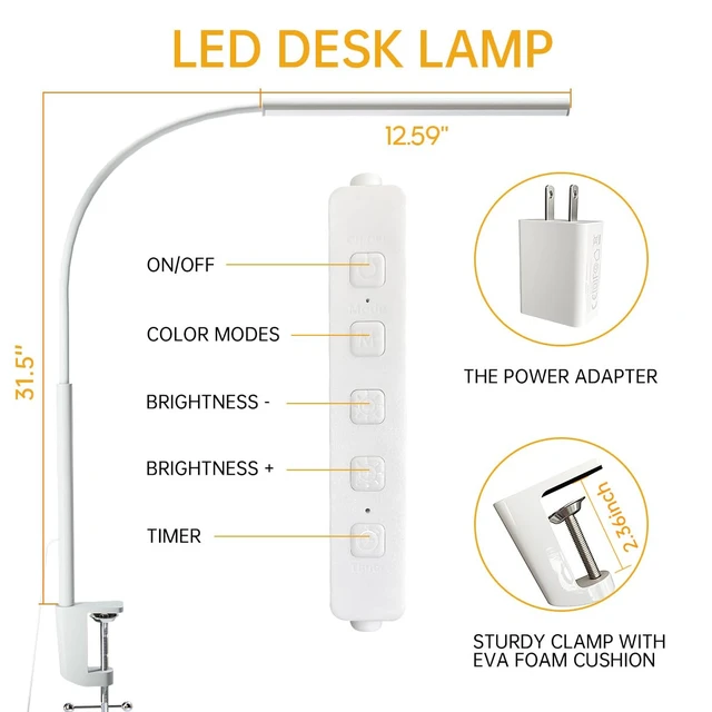 Alt view image 4 of 7 - LED Desk Lamp with Clamp, 1200 Lm Eye-Caring Desk Light for Home Office,Pro | Architect desk lamp with 5 color modes, 10-level dimming, CRI 90+, 360° gooseneck & memory for reading and study,White