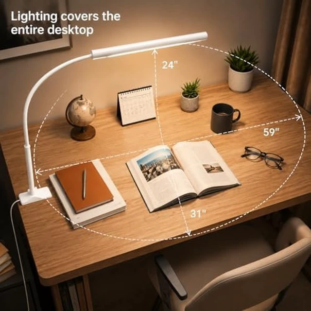 Alt view image 5 of 7 - LED Desk Lamp with Clamp, 1200 Lm Eye-Caring Desk Light for Home Office,Pro | Architect desk lamp with 5 color modes, 10-level dimming, CRI 90+, 360° gooseneck & memory for reading and study,White