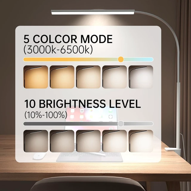 Alt view image 3 of 7 - LED Desk Lamp with Clamp, 1200 Lm Eye-Caring Desk Light for Home Office,Pro | Architect desk lamp with 5 color modes, 10-level dimming, CRI 90+, 360° gooseneck & memory for reading and study,White