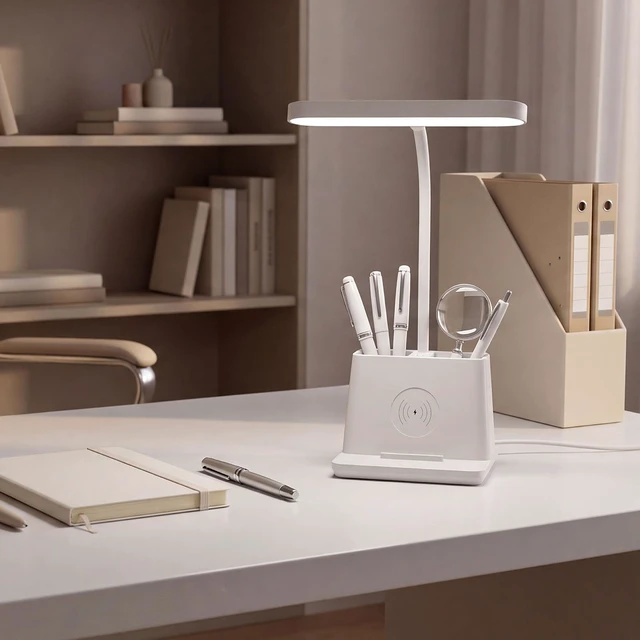 Alt view image 7 of 7 - Cute Small Desk Lamp with Fast Wireless Charger for College Dorm Room | 18 in, Adjustable LED, White, for Home Office, Bedroom, with Charging Station, Pencil Holder