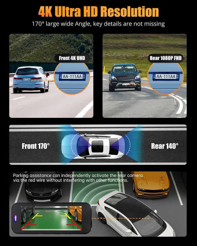 Alt view image 2 of 7 - Dash Camera for Cars, 4K+1080P Dash Cam Front and Rear with 5G WiFi | Built-in 32GB Card, Night Vision, G-Sensor, 24H Parking Mode, Loop Recording