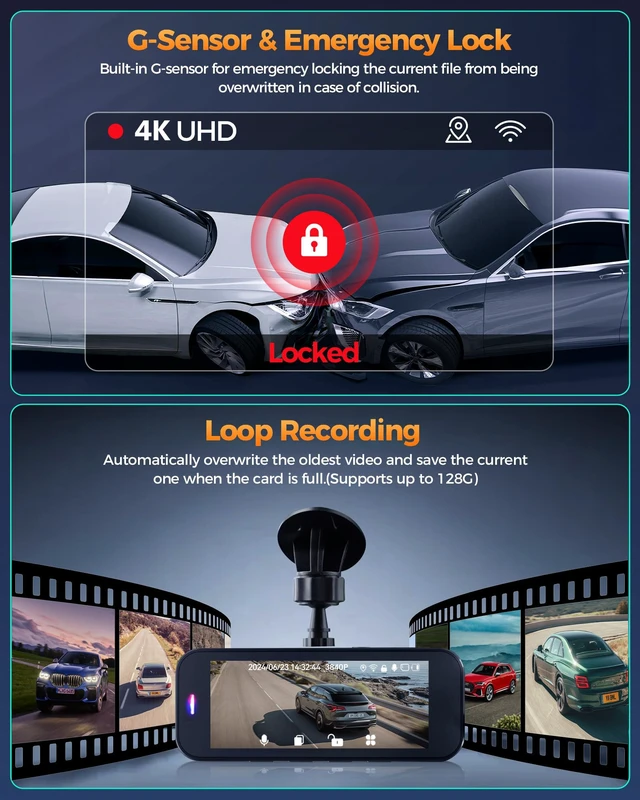 Alt view image 7 of 7 - Dash Camera for Cars, 4K+1080P Dash Cam Front and Rear with 5G WiFi | Built-in 32GB Card, Night Vision, G-Sensor, 24H Parking Mode, Loop Recording