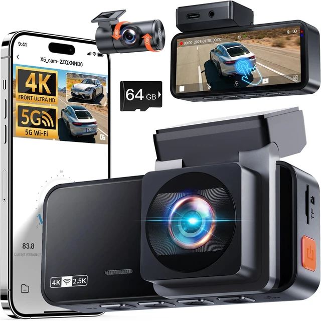 Main image of Dash Cam Front and Rear: 4K+2.5K Dash Camera for Cars Free 64GB Card | 5.8GHz WiFi, Touch Screen, Night Vision, 170°Wide Angle, App Control, Loop Recording, 24H Parking Mode, G-Sensor