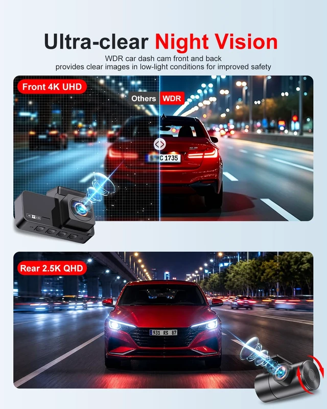 Alt view image 3 of 7 - Dash Cam Front and Rear: 4K+2.5K Dash Camera for Cars Free 64GB Card | 5.8GHz WiFi, Touch Screen, Night Vision, 170°Wide Angle, App Control, Loop Recording, 24H Parking Mode, G-Sensor