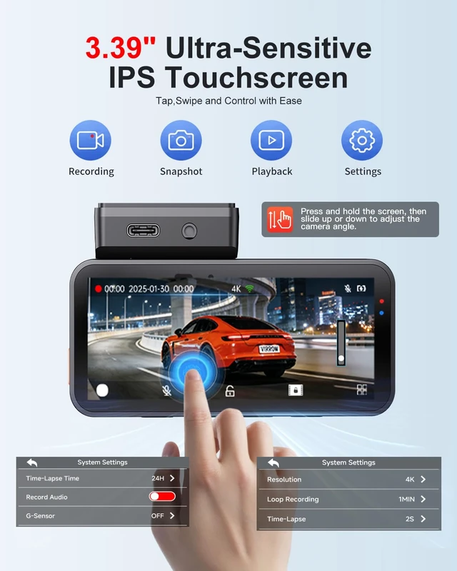 Alt view image 4 of 7 - Dash Cam Front and Rear: 4K+2.5K Dash Camera for Cars Free 64GB Card | 5.8GHz WiFi, Touch Screen, Night Vision, 170°Wide Angle, App Control, Loop Recording, 24H Parking Mode, G-Sensor