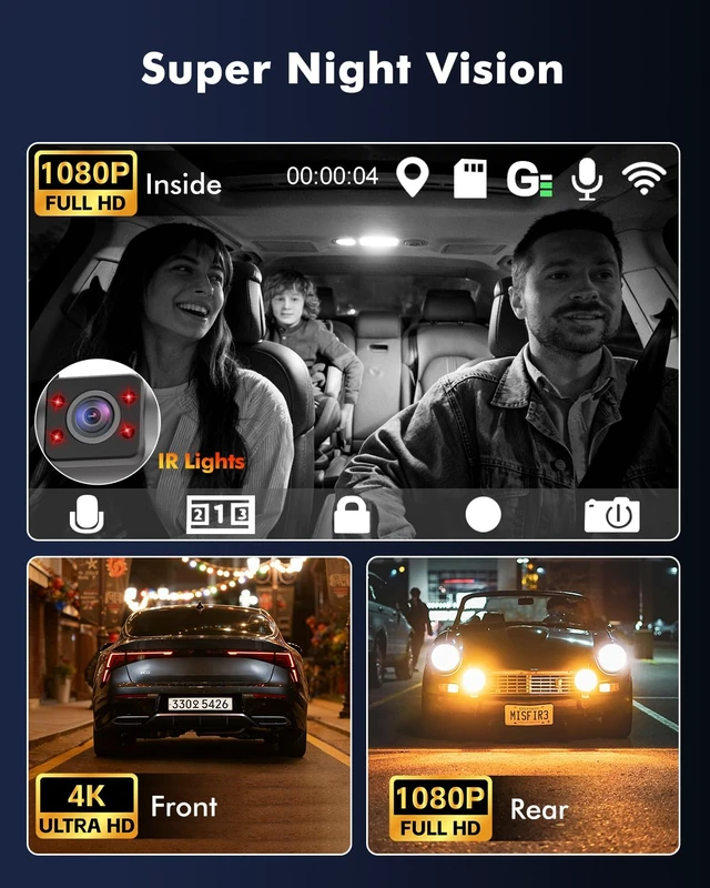 Alt view image 3 of 7 - 4K Dash Cam Front Rear Inside, 3 Channel Dashcam with WiFi 6 & GPS | 4K+1080P+1080P Dash Camera for Cars with 64GB Card, IR Night Vision, 3" IPS, 24H Parking Mode, G-Sensor, Loop Recording