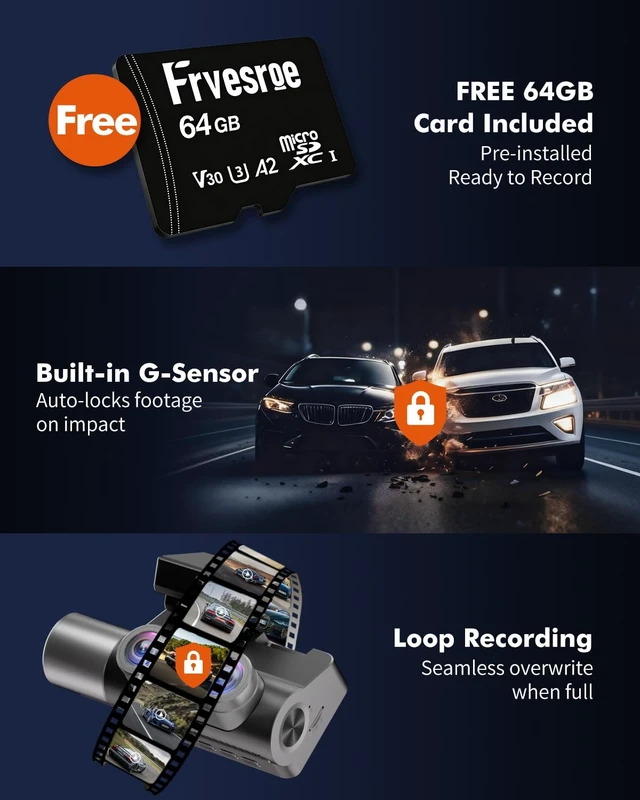 Alt view image 7 of 7 - 4K Dash Cam Front Rear Inside, 3 Channel Dashcam with WiFi 6 & GPS | 4K+1080P+1080P Dash Camera for Cars with 64GB Card, IR Night Vision, 3" IPS, 24H Parking Mode, G-Sensor, Loop Recording