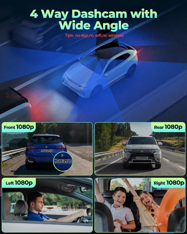 Alt view image 2 of 6 - 4 Channel Dash Cam 360 View Front and Rear Inside Left Right | 1080P Dash Camera for Cars with Hardwire Kit, 24H Parking Monitor, 8 IR Night Vision, G-Sensor, 128GB Card Included