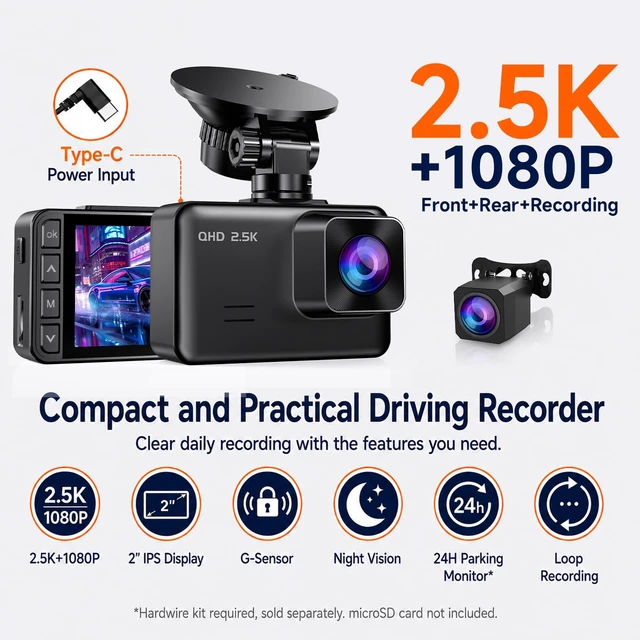 Alt view image 2 of 7 - Dash Cam Front and Rear, 2.5K+1080P Dual Camera for Cars, 2" IPS Screen | Mini Car Dash Cam, 170° Wide Angle, WDR Night Vision, G-Sensor, Loop Recording, 24H Parking, 256GB Max, SD Card Not Included
