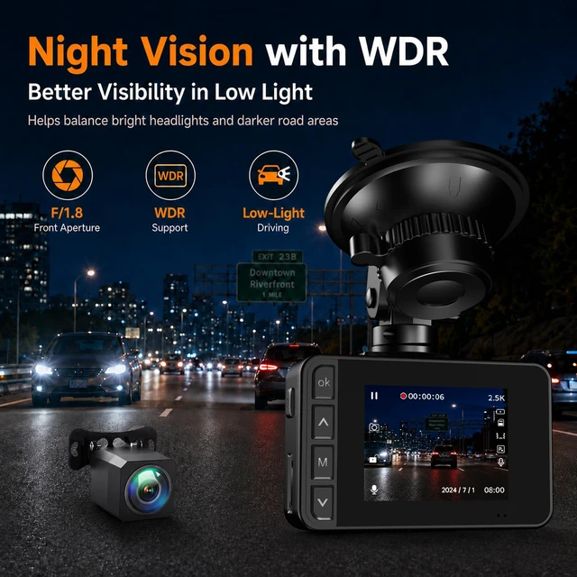 Alt view image 4 of 7 - Dash Cam Front and Rear, 2.5K+1080P Dual Camera for Cars, 2" IPS Screen | Mini Car Dash Cam, 170° Wide Angle, WDR Night Vision, G-Sensor, Loop Recording, 24H Parking, 256GB Max, SD Card Not Included