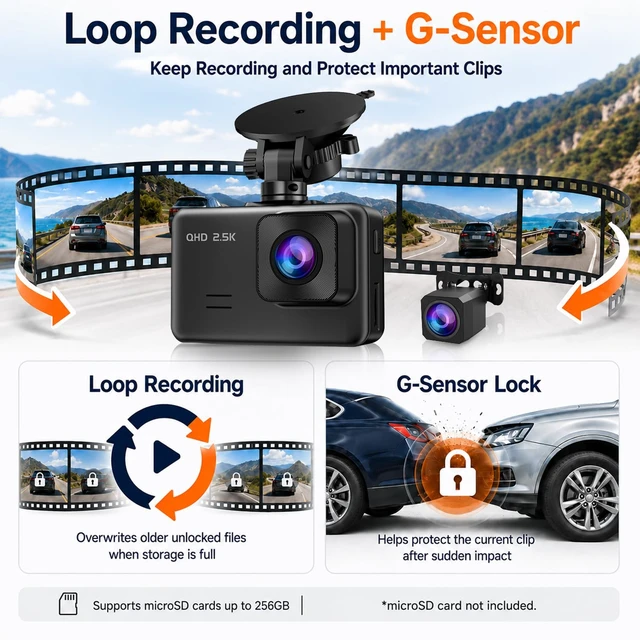 Alt view image 5 of 7 - Dash Cam Front and Rear, 2.5K+1080P Dual Camera for Cars, 2" IPS Screen | Mini Car Dash Cam, 170° Wide Angle, WDR Night Vision, G-Sensor, Loop Recording, 24H Parking, 256GB Max, SD Card Not Included