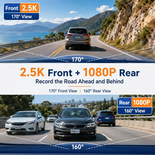 Alt view image 3 of 7 - Dash Cam Front and Rear, 2.5K+1080P Dual Camera for Cars, 2" IPS Screen | Mini Car Dash Cam, 170° Wide Angle, WDR Night Vision, G-Sensor, Loop Recording, 24H Parking, 256GB Max, SD Card Not Included