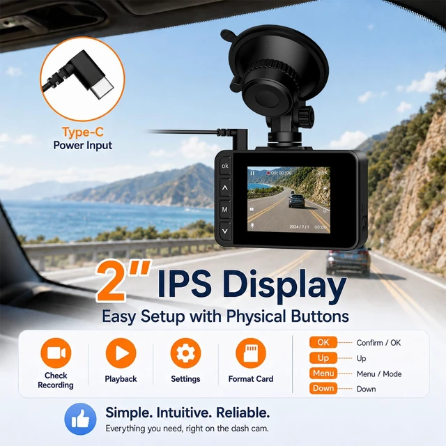 Alt view image 7 of 7 - Dash Cam Front and Rear, 2.5K+1080P Dual Camera for Cars, 2" IPS Screen | Mini Car Dash Cam, 170° Wide Angle, WDR Night Vision, G-Sensor, Loop Recording, 24H Parking, 256GB Max, SD Card Not Included