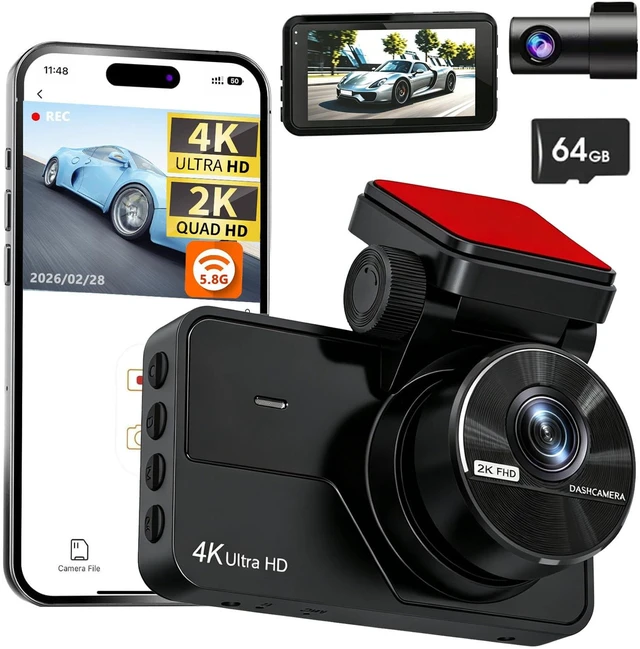 Main image of Dual Dash Cam Front and Rear, 4K+2K Dash Camera for Cars, Front Rear Dashcam G-Sensor, 170° Wide Angle, 3" IPS Screen, 24H Parking Monitor, Loop Recording, WiFi & APP Control, with 64GB Card