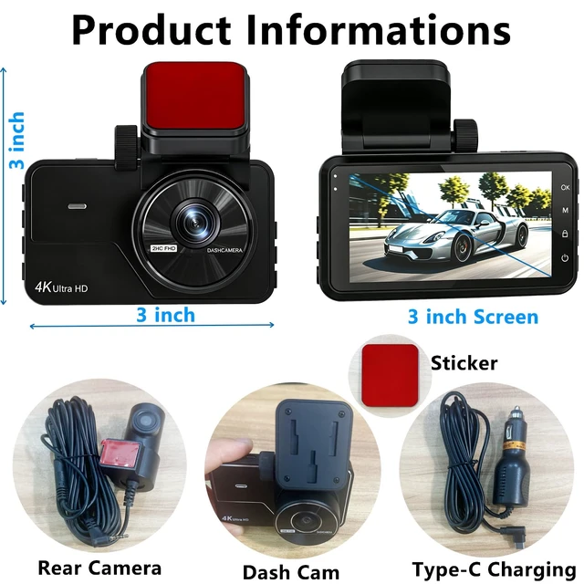 Alt view image 7 of 7 - Dual Dash Cam Front and Rear, 4K+2K Dash Camera for Cars, Front Rear Dashcam G-Sensor, 170° Wide Angle, 3" IPS Screen, 24H Parking Monitor, Loop Recording, WiFi & APP Control, with 64GB Card