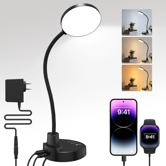 Main image of 15W LED Desk Lamp with USB Charging Ports Dimmable Table Lamp with 3 Color Temps, 5 Brightness, 4 Timers, Flexible Gooseneck Light with Base, Eye-Caring Reading Light for Home Office, Bedroom, Study