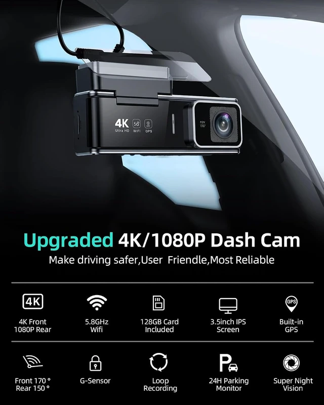 Alt view image 3 of 7 - 4K Dual Dash Cam Front and Rear - 5.8G WiFi GPS with 128GB SD Card | 4K Front+1080P Rear Dash Cam, 3.59" IPS,Night Vision, 24H Parking, G-Sensor, Loop Rec for Family & Rideshare Drivers