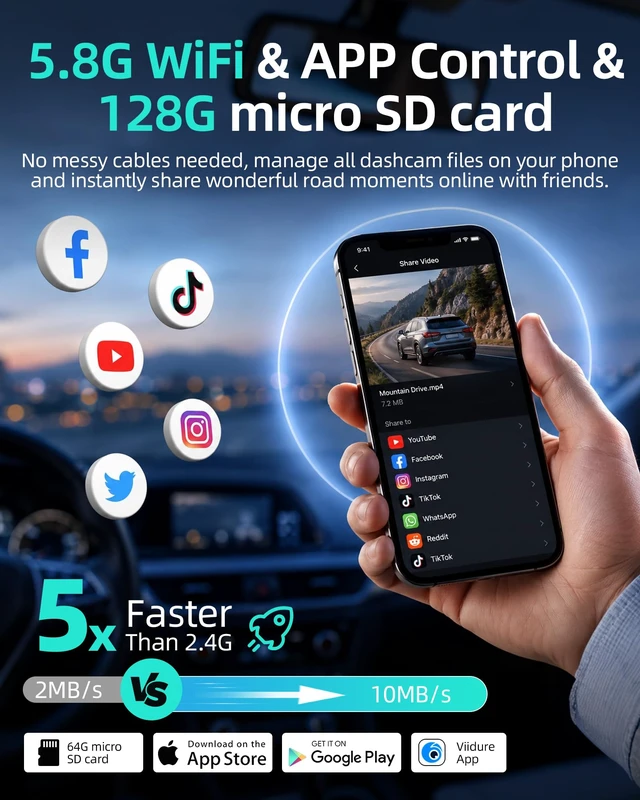 Alt view image 2 of 7 - 4K Dual Dash Cam Front and Rear - 5.8G WiFi GPS with 128GB SD Card | 4K Front+1080P Rear Dash Cam, 3.59" IPS,Night Vision, 24H Parking, G-Sensor, Loop Rec for Family & Rideshare Drivers