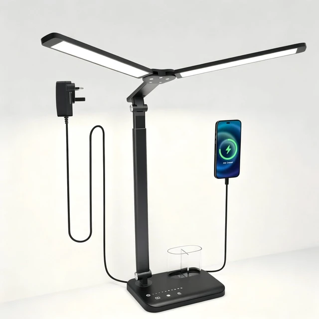 Main image of LED Desk Lamp Dual Heads, Dual USB Port, Height Adjustable, 15W | 5 Light Modes & Dimmable Brightness,Desk Lamps for Home Office Bedside Lamp for Reading, Craft, Work, Study (Black)