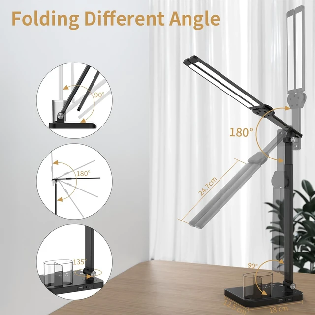 Alt view image 6 of 7 - LED Desk Lamp Dual Heads, Dual USB Port, Height Adjustable, 15W | 5 Light Modes & Dimmable Brightness,Desk Lamps for Home Office Bedside Lamp for Reading, Craft, Work, Study (Black)