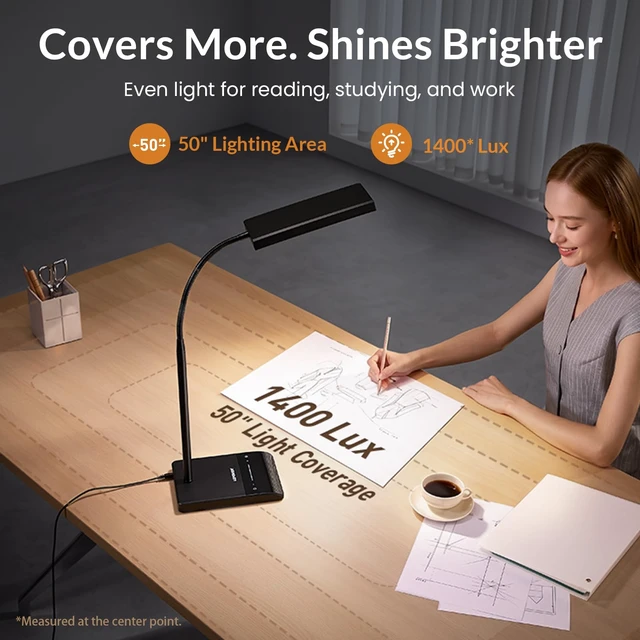 Alt view image 4 of 7 - Desk Lamp, 800LM LED for Home Office, True Eye-Caring for Reading | 50 Lighting Modes, 2X Wider Panel, 360° Flexible Gooseneck, Touch Control, 12W Bright Table Lamp for Dorm, Bedroom, Study