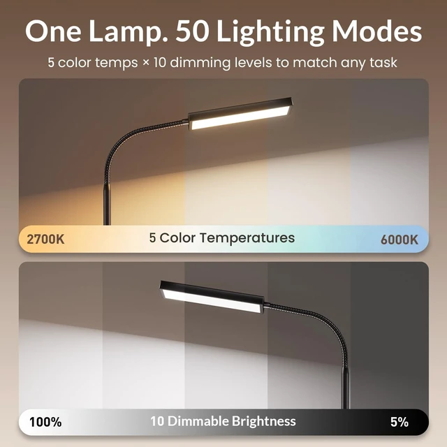 Alt view image 5 of 7 - Desk Lamp, 800LM LED for Home Office, True Eye-Caring for Reading | 50 Lighting Modes, 2X Wider Panel, 360° Flexible Gooseneck, Touch Control, 12W Bright Table Lamp for Dorm, Bedroom, Study