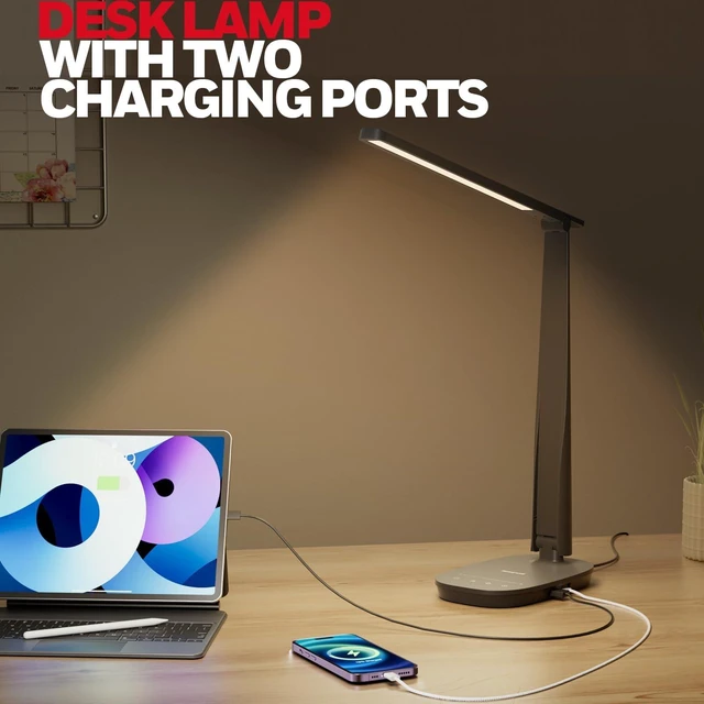 Alt view image 4 of 7 - HWT-H2 LED Desk Lamp, Eye-Caring Full Spectrum, USB Charging | CRI94 Full Spectrum Eye-Caring Light, Low Blue Light, 4 Color Modes, USB-A & USB-C Charging, Foldable Touch Control