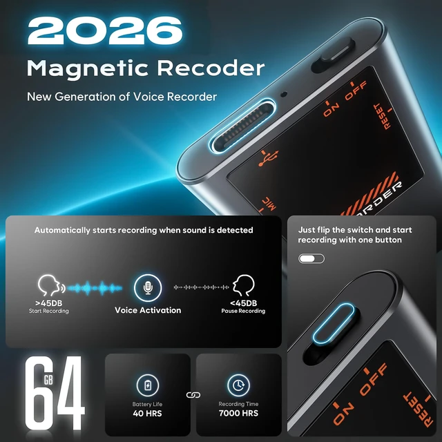 Alt view image 2 of 7 - Magnetic Voice Activated Recorder - (7000 Hours) Voice Recorder with DSP 5.0-AI Noise Cancellation - 64GB Portable Recording Device, Voice Recorder with Playback for Work, Meetings, Lectures