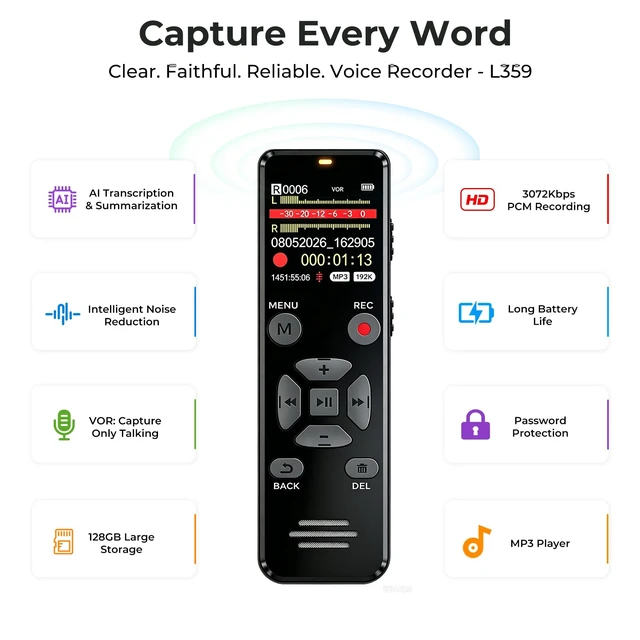 Alt view image 2 of 7 - Digital Voice Recorder 128GB AI Transcribe & Summarize Note Taker | Voice Activated Recorder with Playback, Portable Audio Recorder & Tape Recorder for Meetings Lectures, OTG Support