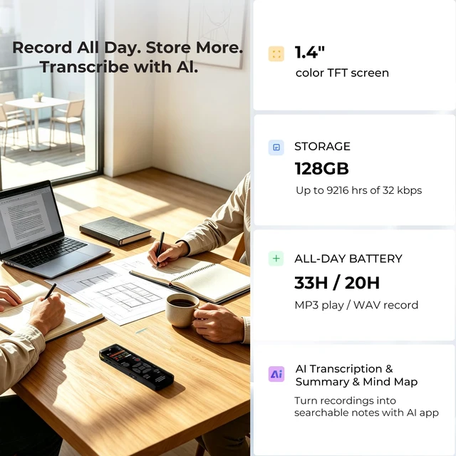 Alt view image 4 of 7 - Digital Voice Recorder 128GB AI Transcribe & Summarize Note Taker | Voice Activated Recorder with Playback, Portable Audio Recorder & Tape Recorder for Meetings Lectures, OTG Support