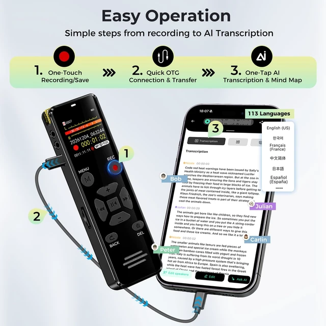 Alt view image 5 of 7 - Digital Voice Recorder 128GB AI Transcribe & Summarize Note Taker | Voice Activated Recorder with Playback, Portable Audio Recorder & Tape Recorder for Meetings Lectures, OTG Support