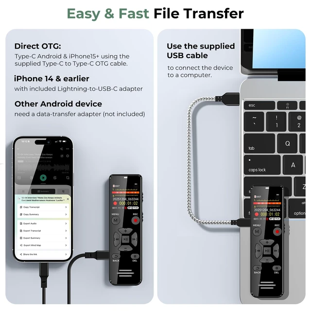 Alt view image 7 of 7 - Digital Voice Recorder 128GB AI Transcribe & Summarize Note Taker | Voice Activated Recorder with Playback, Portable Audio Recorder & Tape Recorder for Meetings Lectures, OTG Support
