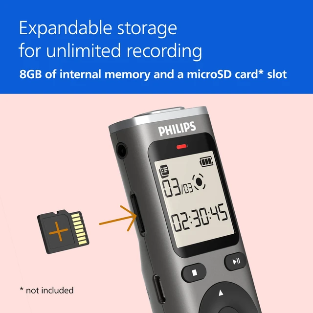 Alt view image 4 of 7 - DVT1170 VoiceTracer, Audio Recorder, 8GB, Micro SD Card Slot, 360° Microphone for Excellent Sound