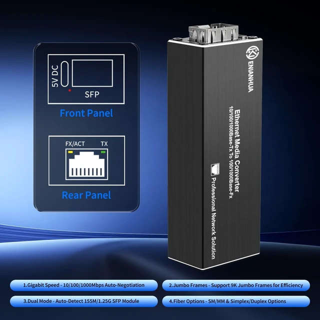 Alt view image 2 of 7 - A Pair of SFP to RJ45 Fiber Media Converter, PoE/USB-C Powered | Fiber to Ethernet Converter, 10/100/1000Base-TX to 100/1000Base-FX, 155M/1.25G SFP Slot, Metal Casing, Plug and Play for CCTV