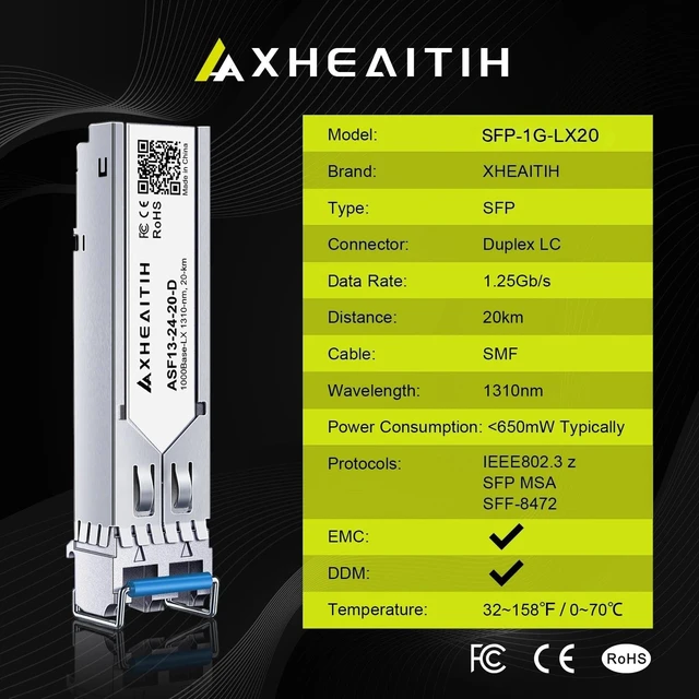 Alt view image 6 of 7 - 2 Pack 1.25G LC 20KM 1310nm SMF Single Mode Transceiver 1000Base-LX Module | for Cisco, Broadcom, Fortinet, Netgear, D-Link, Meraki, Supermicro, MikroTik, F5, QNAP, Mellanox