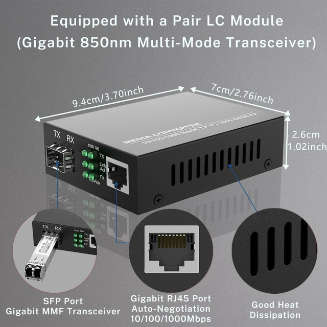 Alt view image 4 of 7 - 2Pack BiDi Gigabit Multi-Mode Fiber Ethernet Media Converters, with 2Pack Dual SFP LC Transceiver Module 850nm 1.25Gbps, 1000Base-SX to 10/100/1000Base-TX, LC Connector, RJ45 Interface MMF, Up to 550m