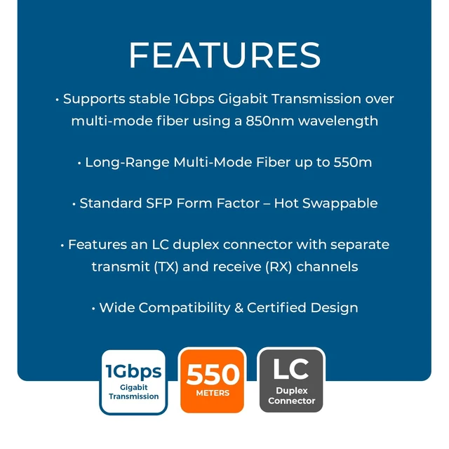 Alt view image 7 of 7 - 1G SFP Optical Transceiver, 850nm Multimode Fiber, 550m Max, LC Duplex | Gigabit Fiber Module, 1000BASE, 850nm Multimode, 550m Reach, LC Duplex, Hot-Swap, MSA Compliant, Network Ready, AV, FM1GD-MM