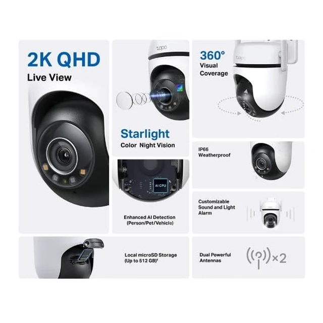 Alt view image 3 of 7 - 2K QHD Outdoor Pan/Tilt Wi-Fi Security Camera, 360° View, Motion Tracking, Color Night Vision, Free Person/Vehicle/Motion Detection, Cloud & SD Card Storage, 24/7 Recording, Tapo C520WS