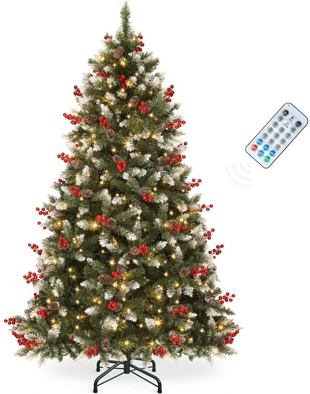 Main image of 6ft Prelit Decorated Pine Christmas Tree with Red Berries & Remote | Artificial Hinged Xmas Tree with 818 Frosted Tips, 250 Lights, 58 Pine Cones & 58 Red Berries for Holiday Party Office Home