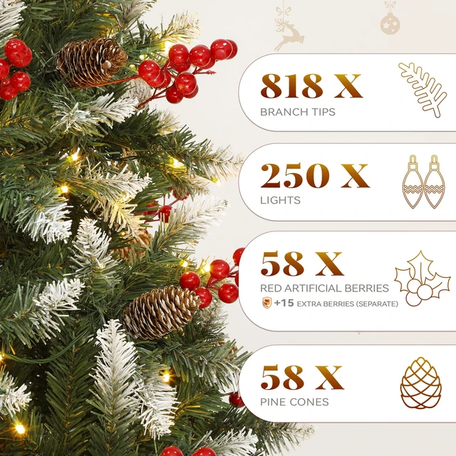 Alt view image 2 of 7 - 6ft Prelit Decorated Pine Christmas Tree with Red Berries & Remote | Artificial Hinged Xmas Tree with 818 Frosted Tips, 250 Lights, 58 Pine Cones & 58 Red Berries for Holiday Party Office Home