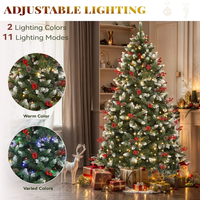 Alt view image 3 of 7 - 6ft Prelit Decorated Pine Christmas Tree with Red Berries & Remote | Artificial Hinged Xmas Tree with 818 Frosted Tips, 250 Lights, 58 Pine Cones & 58 Red Berries for Holiday Party Office Home