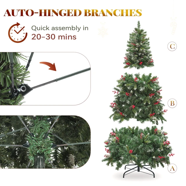 Alt view image 4 of 7 - 6ft Prelit Decorated Pine Christmas Tree with Red Berries & Remote | Artificial Hinged Xmas Tree with 818 Frosted Tips, 250 Lights, 58 Pine Cones & 58 Red Berries for Holiday Party Office Home