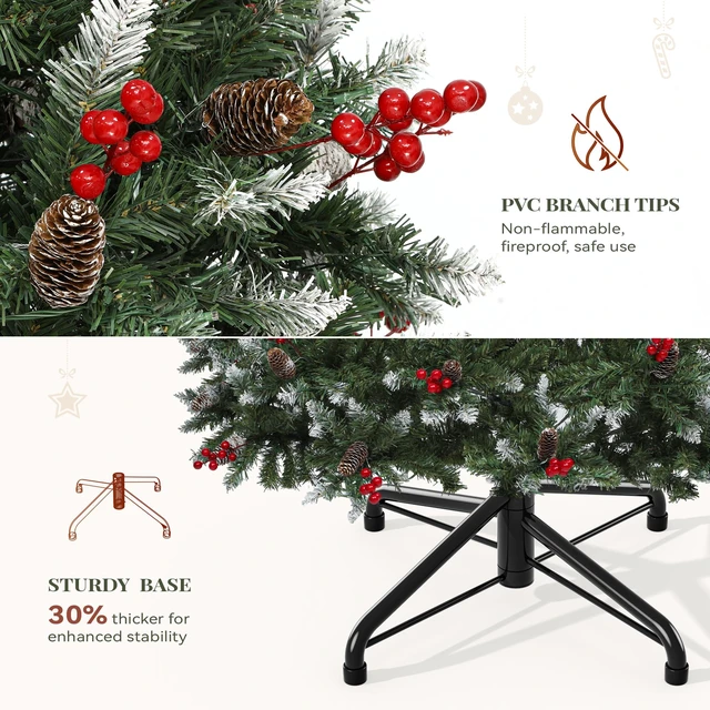 Alt view image 6 of 7 - 6ft Prelit Decorated Pine Christmas Tree with Red Berries & Remote | Artificial Hinged Xmas Tree with 818 Frosted Tips, 250 Lights, 58 Pine Cones & 58 Red Berries for Holiday Party Office Home